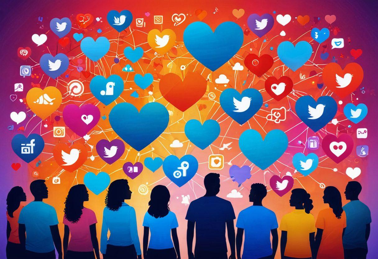 A vibrant digital landscape filled with diverse individuals engaging in conversation, surrounded by floating social media symbols like hashtags and hearts. Their connecting lines symbolize building networks and communities, with an inviting glow of unity. The backdrop features a blog interface with lively design elements representing creativity and interaction. super-realistic. vibrant colors. 3D.
