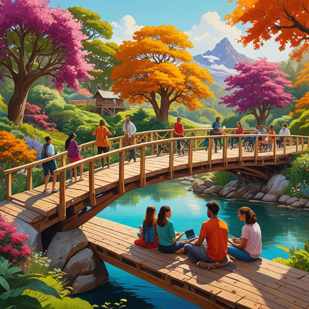 A vibrant illustration of a diverse group of people sitting around a large, ornate wooden bridge, each engaged in digital devices like laptops and tablets, sharing ideas and connecting. In the background, visualize a lush landscape with various flora representing different cultures and communities. The scene should evoke a sense of openness, dialogue, and collaboration, symbolizing the bridge between isolation and community. Energetic colors and a welcoming atmosphere. vibrant colors. painting.